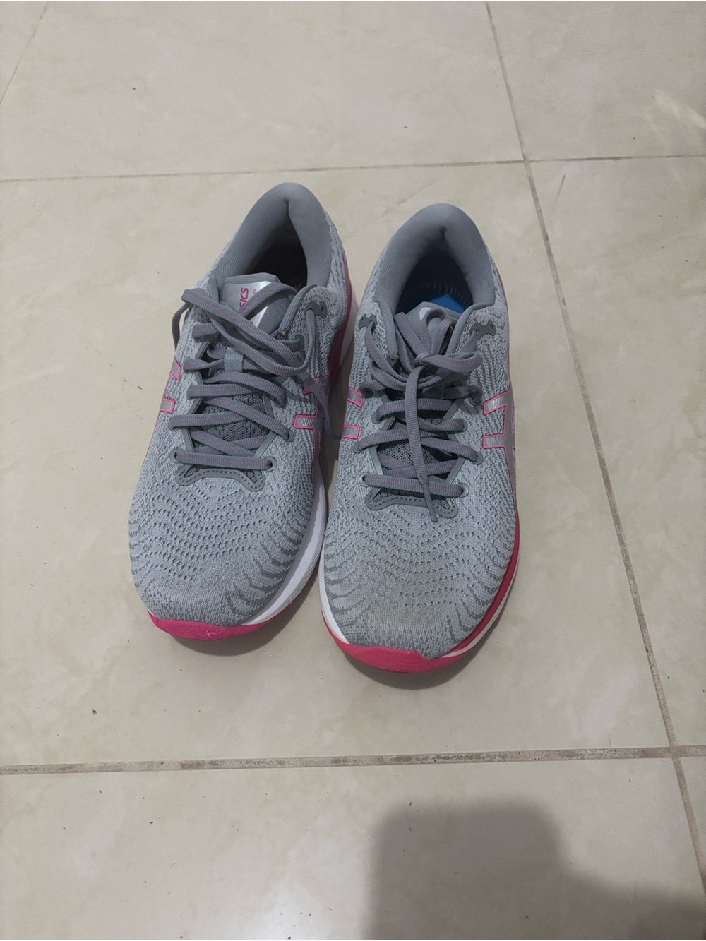 Asics Women's Light Gray Knit Running Sneakers with Pink Trim